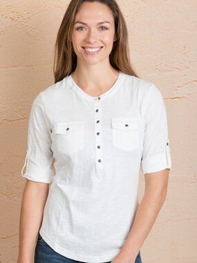 KUHL The Khloe Henley in Cream Organic Cotton Slub Jersey Button Up 3/4 Sleeves